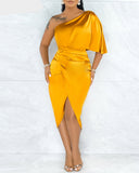 One Shoulder Satin Ruched Dress - Nazbeauti